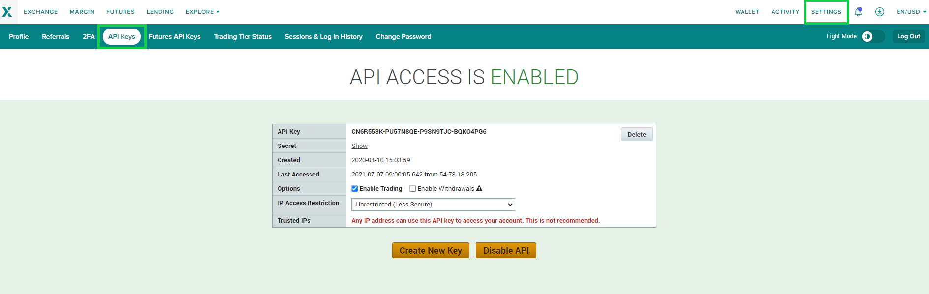 API KEY Menu Poloniex