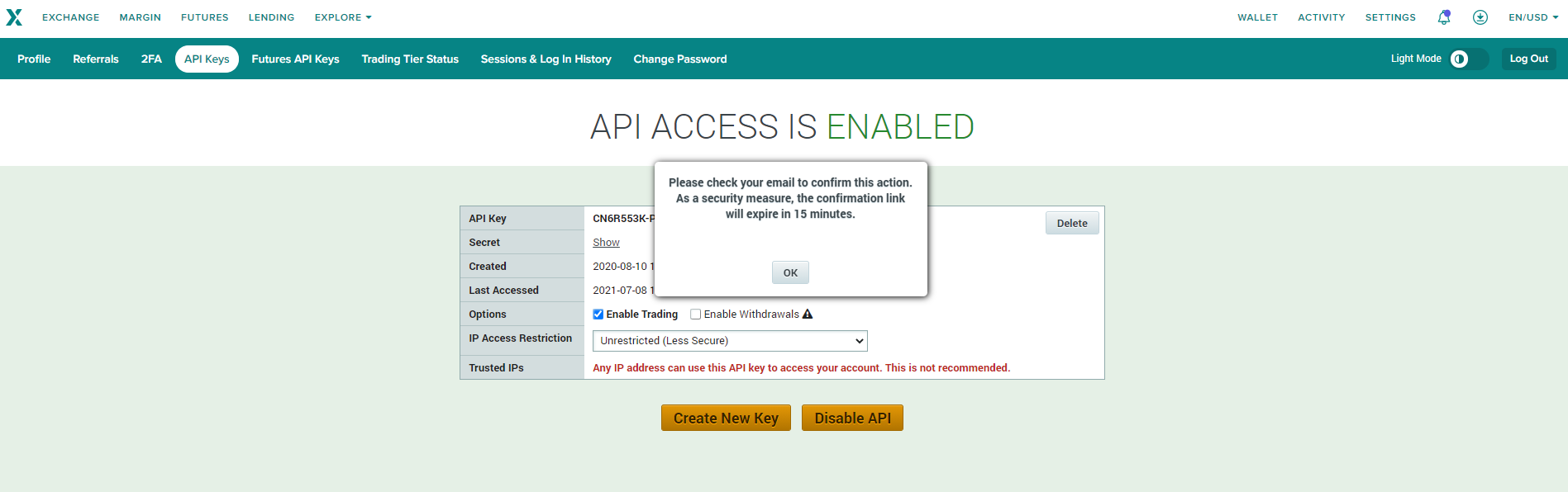 Confirm API Key in email Poloniex