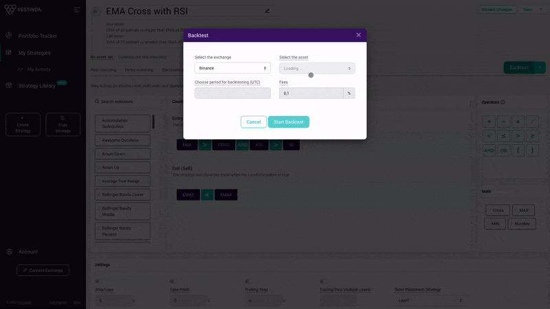 Vestinda - Backtesting - Choose asset and period