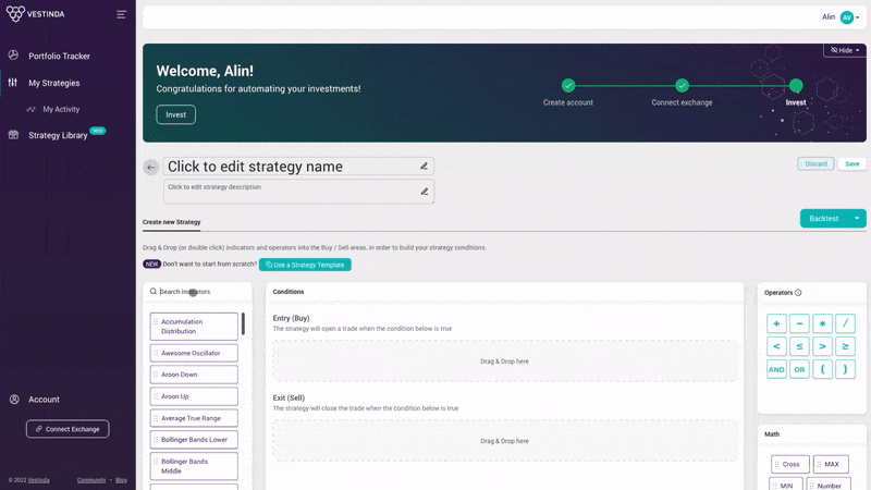 Vestinda - Strategy Builder - Add indicator to the builder