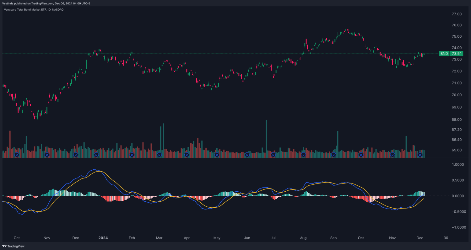 Vanguard Total Bond Market Index Fund (BND): Highlighted for providing a steady income stream through U.S. investment-grade bonds. Found in Understanding Total-Market Index Funds. Historical performance of Vanguard Total Bond Market Index Fund, showcasing its stability for an income-focused investment strategy.